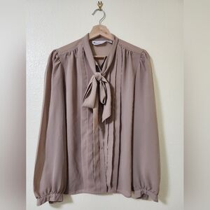 Elegant Taupe Blouse with Bow Accent